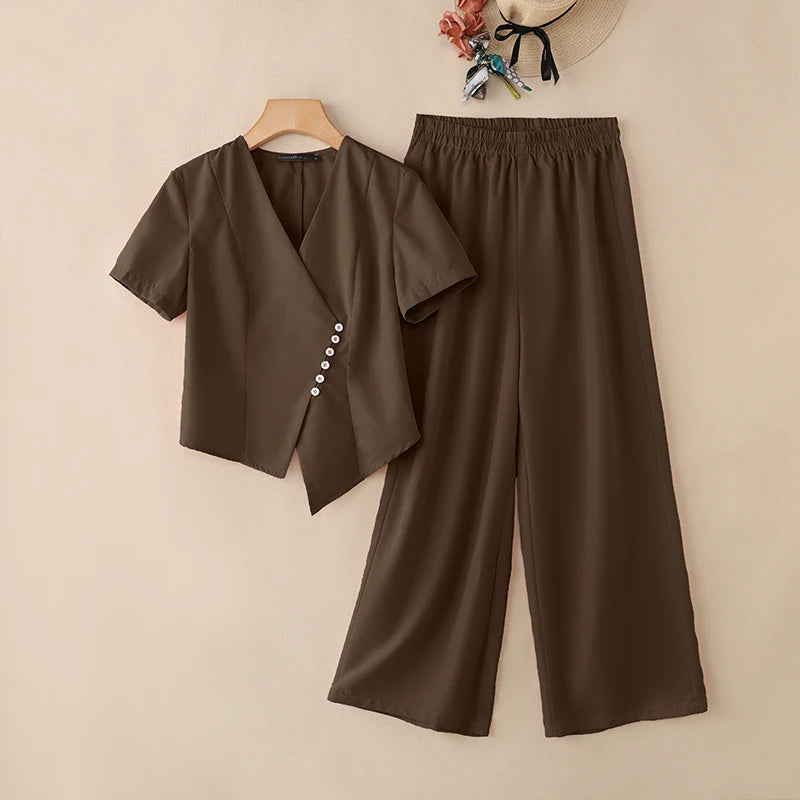 2026 Summer Pant Sets ZANZEA Fashion Women 2 Pieces Sets Short Sleeve Blouse Wide Leg Trousers Solid OL Work Outfits Tracksuit