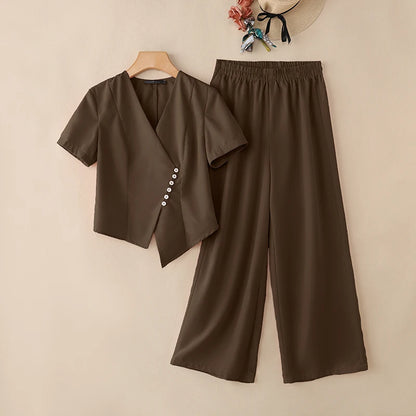2026 Summer Pant Sets ZANZEA Fashion Women 2 Pieces Sets Short Sleeve Blouse Wide Leg Trousers Solid OL Work Outfits Tracksuit