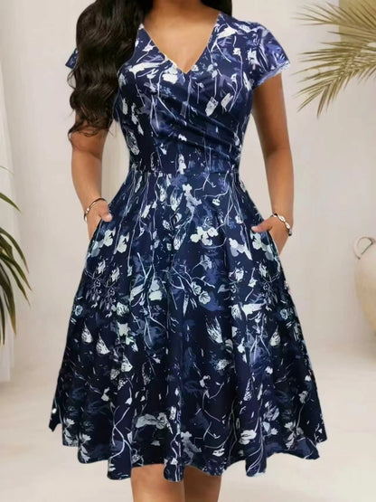 Elegant floral and printed V-neck mid-length pocket dresses for spring, summer and autumn, made of polyester blends