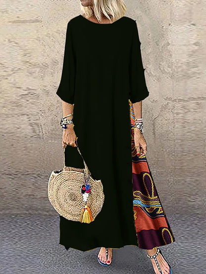Women Vintage Harajuku Long Dress Bohemian Stitching Print 3/4 Sleeve O Neck Loose Oversized Maxi Dress Casual Elegant Robe
