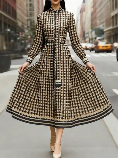 Gymystars Women's Dress Long Sleeve Stand Collar Maxi Dresses Fashion Geometric Rhombus Loose Elegant High Waist Female Rube