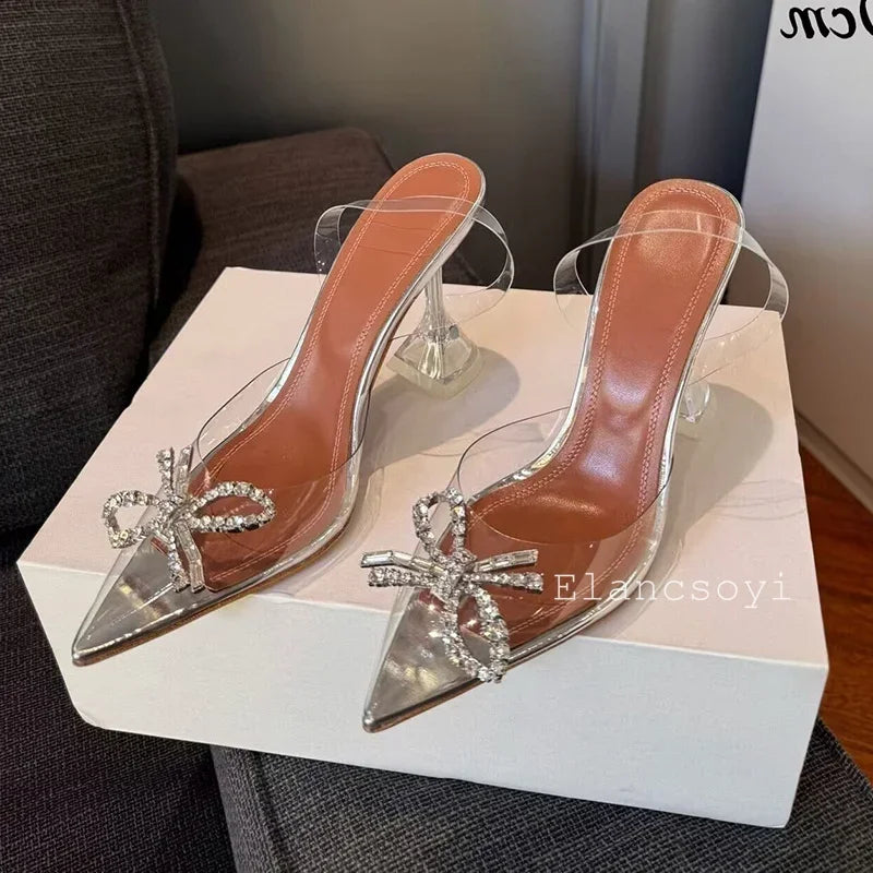 Summer Crystal Flower High Heels Women Transparent PVC Cup Heels Sandals Pointed Toe Back Strap Sandalias Sexy Party Dress Shoes