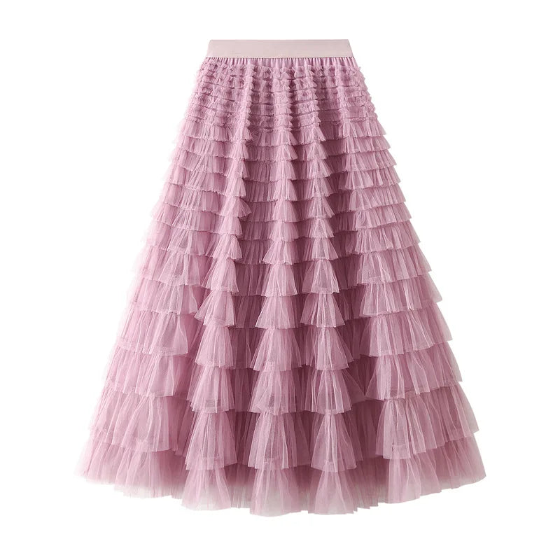 HOT Solid Multilayer Ruffle Mesh Skirt Women Boho High Waist Long Maxi Tulle Skirt Spring Summer Party Women's Clothing