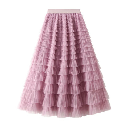 HOT Solid Multilayer Ruffle Mesh Skirt Women Boho High Waist Long Maxi Tulle Skirt Spring Summer Party Women's Clothing