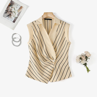 ZANZEA Elegant Women Striped Shirts Summer Turn-Down Collar Single Button Cinch Waist Sleeveless Tops Office Lady Vest Tops 3XL