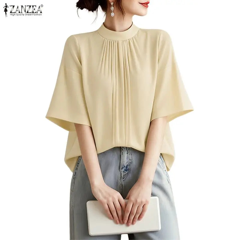 ZANZEA Elegant Loose Blouses Women's Stand Collar Half Sleeves Pleated Tops Summer Daily Casual Solid Color Blusas de Mujer