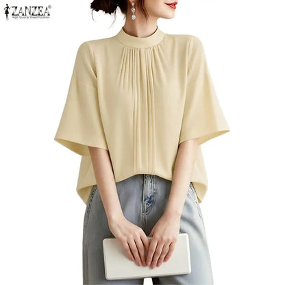 ZANZEA Elegant Loose Blouses Women's Stand Collar Half Sleeves Pleated Tops Summer Daily Casual Solid Color Blusas de Mujer