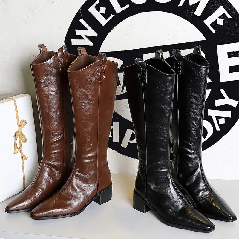 BIGTREE Spring Autumn Pointed Toe Knee-High Boots Women Designer Vintage Square Low Heels Shoes Modern Long Botas Para Mujer