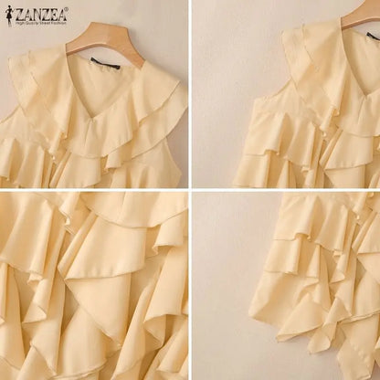 ZANZEA Summer Sleeveless Women Blouses Ruffles Tops Fashion Solid Color Tee OL Work Party Blusas Tunic Streetwear Oversize S-3XL
