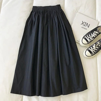 Women's White High Waist Long Skirt A-Line Knee-Length Casual Elegant with Pockets Pleated Fashion for Autumn