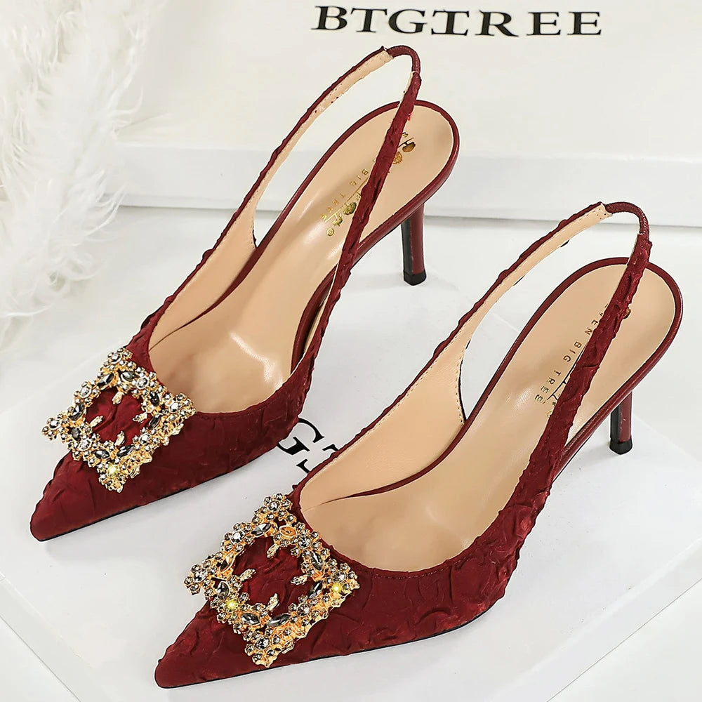 Luxury High Heels Women Shoes Summer Sandals Metal Rhinestone Square Buckle Women Pumps Stiletto Pleated Silk Women Sandals