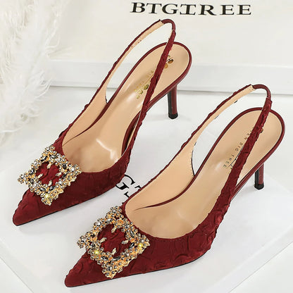 Luxury High Heels Women Shoes Summer Sandals Metal Rhinestone Square Buckle Women Pumps Stiletto Pleated Silk Women Sandals