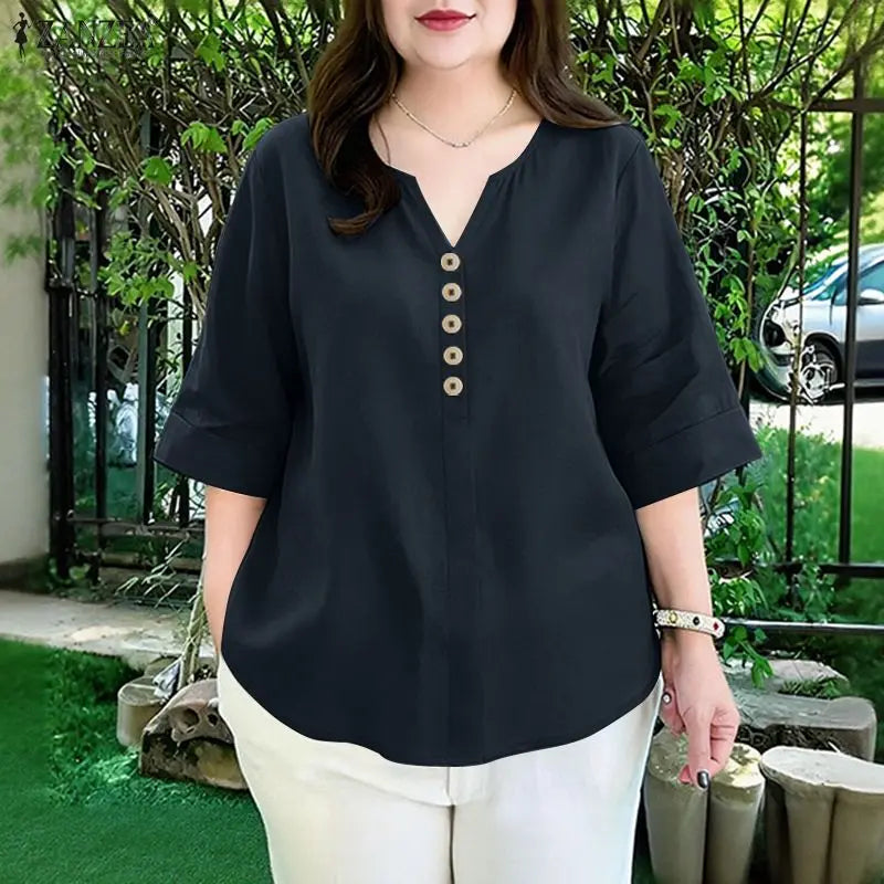 ZANZEA Woman Cotton Linen 3/4 Sleeve Blouses V-Neck Half-Button Solid Color Tops Spring Summer Daily Casual Wear Blusas de Mujer