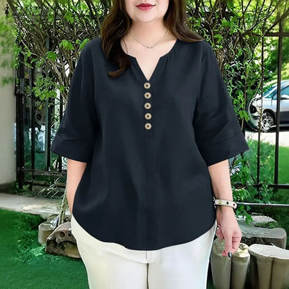 ZANZEA Woman Cotton Linen 3/4 Sleeve Blouses V-Neck Half-Button Solid Color Tops Spring Summer Daily Casual Wear Blusas de Mujer