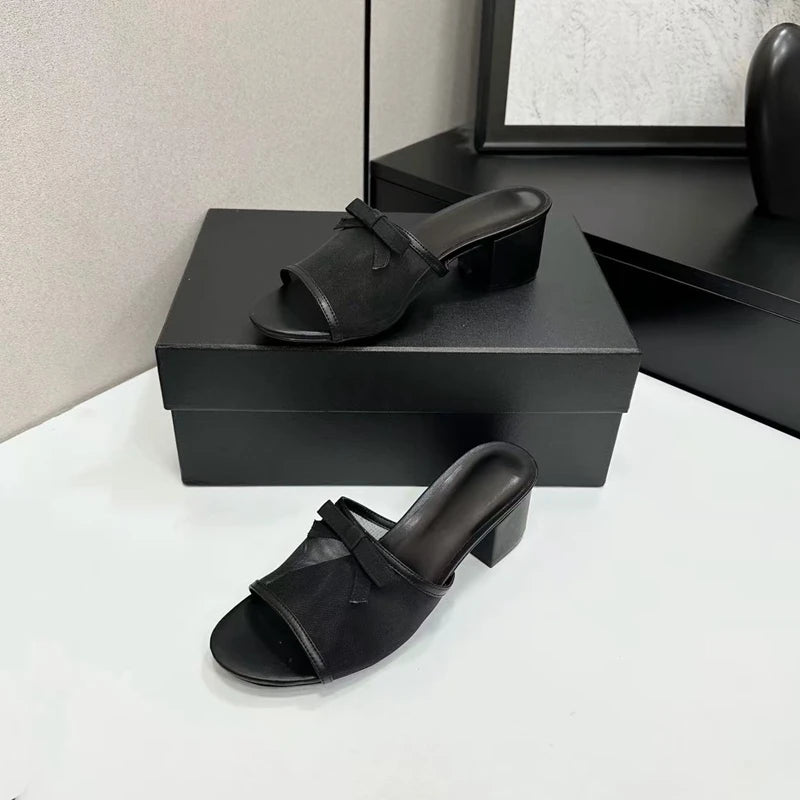 High Quality 2026 Summer Women Slippers New Mesh Upper Bow Decoration Concise Breathable Open-toed Women High-Heeled Slippers
