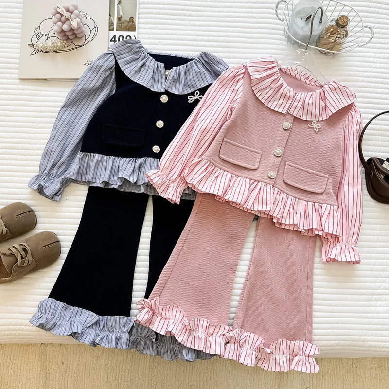 Girls' Spring and Autumn New Korean Style Striped Collared Shirt Long Sleeve Long Pants Two-Piece Set