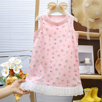 Summer Toddler Girl Dress Flowers Cotton Sleeveless Children Dress Lace Trim Kids Sundress Slip Dress Fashion Girls Clothing