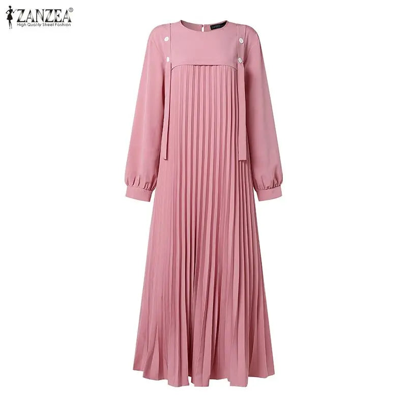 ZANZEA Muslim Women Patchwork Maxi Dress Ramadan Abaya Elegant O Neck Long Sleeve Pleated Sundress Robe Femme Casual Kaftan 2026