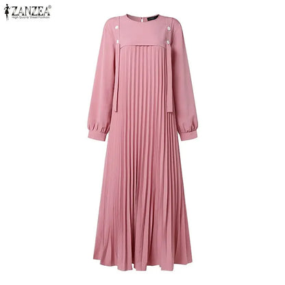 ZANZEA Muslim Women Patchwork Maxi Dress Ramadan Abaya Elegant O Neck Long Sleeve Pleated Sundress Robe Femme Casual Kaftan 2026