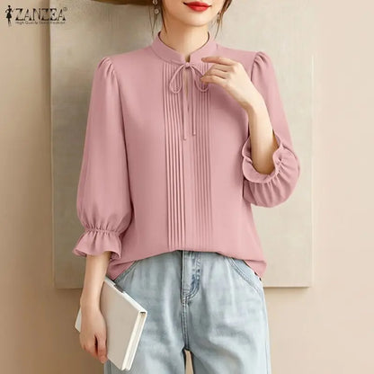 ZANZEA Women's Elegant 3/4 Puff Sleeve Blouses Summer Lace-Up Stand Collar Pintuck Tops Daily Casual Solid Color Blusas de Mujer