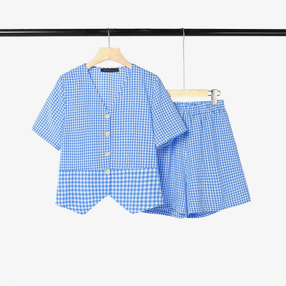 ZANZEA Women's Gingham Patchwork Short Sets Short Sleeve Tops & Elastic Waist Shorts 2 Piece Suits Summer Daily Casual Outfits