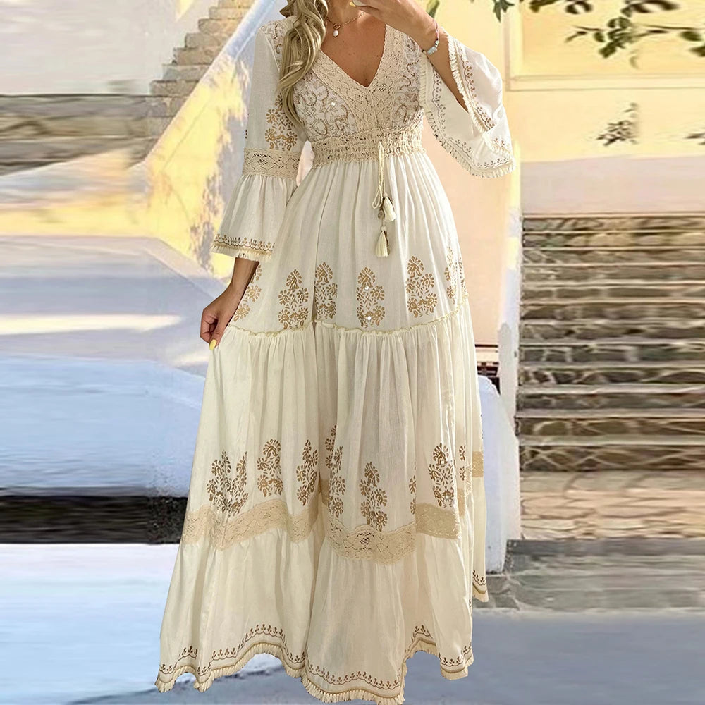 Mesh Lace Spliced Elegant Women Casual Dress Crew Neck Long Bell Sleeve Slim Vintage Boho Dress Vacation Maxi Dresses Vestidos