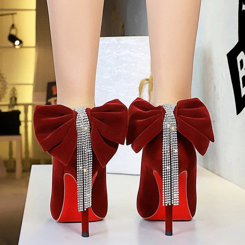 BIGTREE Shoes Rhinestone Chain Design Women Pumps Bowknot Suede High Heels Pointed Heels Stiletto 10 cm Luxury Banquet Shoes