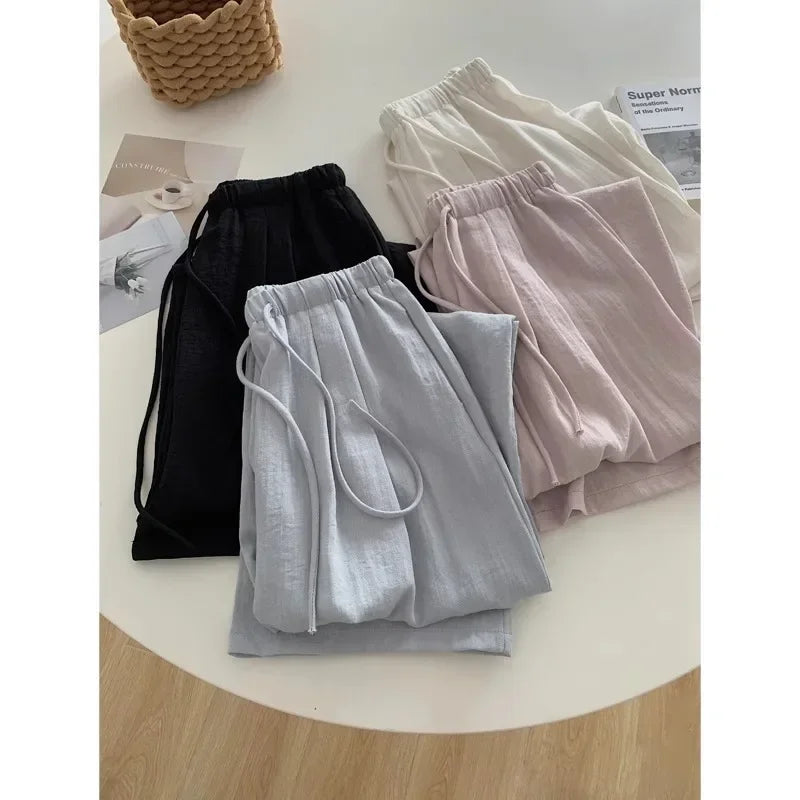Pop Slimming Effect Korean Style Cotton Linen Casual Pants Women Summer Lazy Versatile Elastic Waist Thin Hanging Straight Leg L