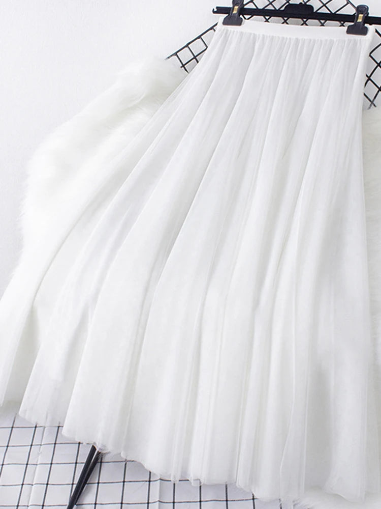 New Big Hem Long Tulle Skirt Women Korean Casual Simple Solid 3 Layers A Line High Waist Maxi Skirt Female Lady Purple
