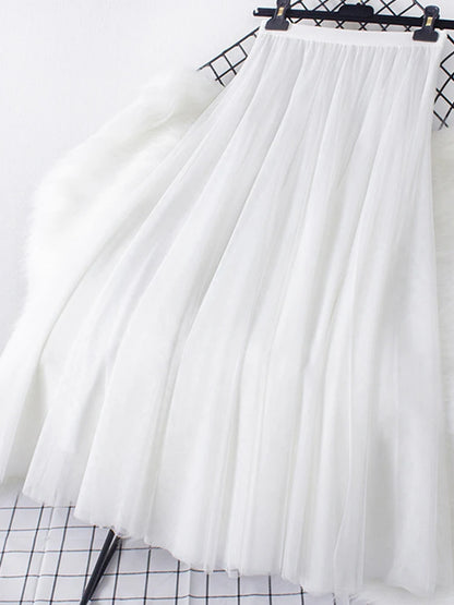 New Big Hem Long Tulle Skirt Women Korean Casual Simple Solid 3 Layers A Line High Waist Maxi Skirt Female Lady Purple