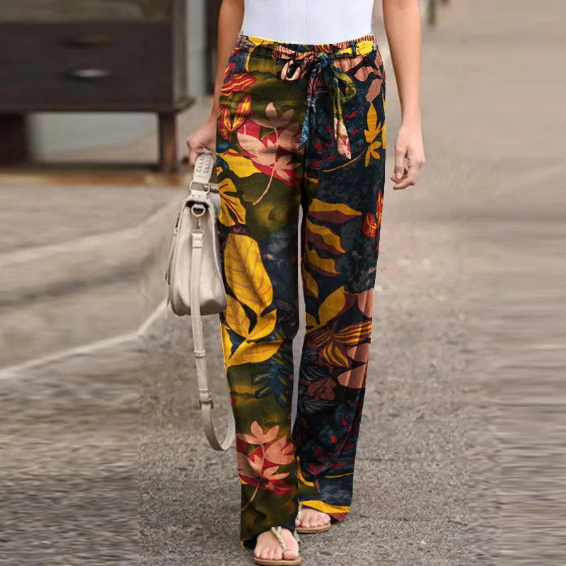 Casual Flower Print Cotton Linen Straight Leg Pants Women Fashion Lace Up Elastic Waist Home Trousers Female Plus Size Pants