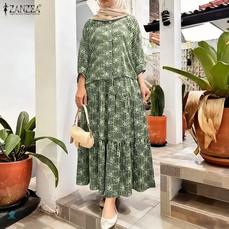 2026 ZANZEA Fashion Muslim Suit Outfits Autumn 2 Piece Sets Spring Long Sleeve Shirt Dress Skirts Women Printed Matching Sets