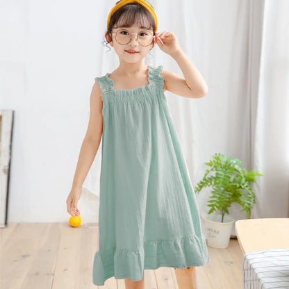 2026 New 100% Cotton Girls Summer Nightgown Thin Princess Spaghetti Strap