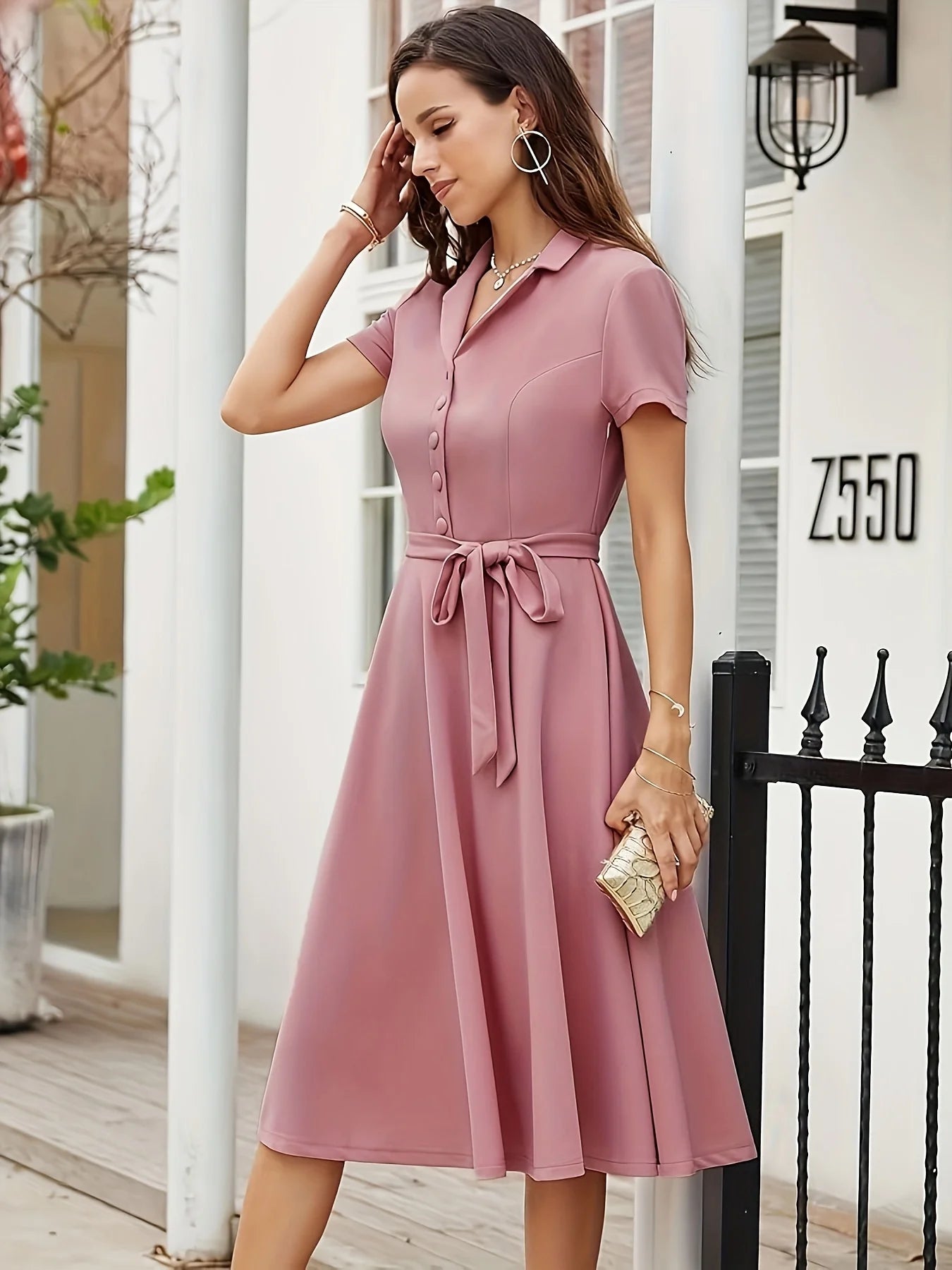 Women Summer Casual Short Sleeve Shirt Dress Pink Vintage Button Down Midi Dress with Belt Tie A Line Flare Dress Office Work
