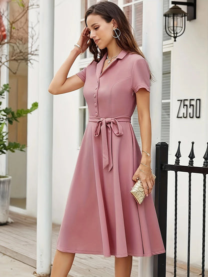 Women Summer Casual Short Sleeve Shirt Dress Pink Vintage Button Down Midi Dress with Belt Tie A Line Flare Dress Office Work