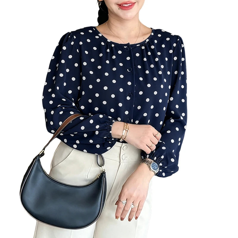 ZANZEA Women Polka Dot Fashionable Blouses O-Neck Lantern Sleeves Button Up Shirt 2026 Spring Fall Daily Casual Camisas de Mujer