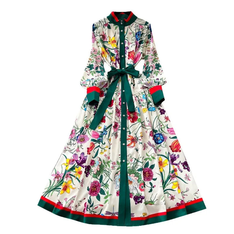 2026 Long-sleeve Printed Dress Women Summer Single-breasted Stand-collar Party Maxi Dresses Lace-up Slim Elegant A-line Dresses