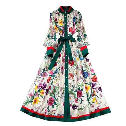 2026 Long-sleeve Printed Dress Women Summer Single-breasted Stand-collar Party Maxi Dresses Lace-up Slim Elegant A-line Dresses