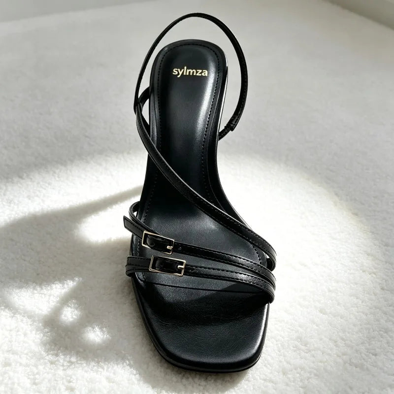 Fashion Narrow Band Buckle Detail Heeled Sandals Women Elegant Square-toe Open-toe Slingback Heels Luxury Brand Designer Shoes