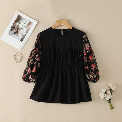 ZANZEA Women's Summer Elegant Blouses Floral Printed 3/4 Lantern Sleeve Patchwork Tops Feminine O-Neck Shirred Blusas de Mujer