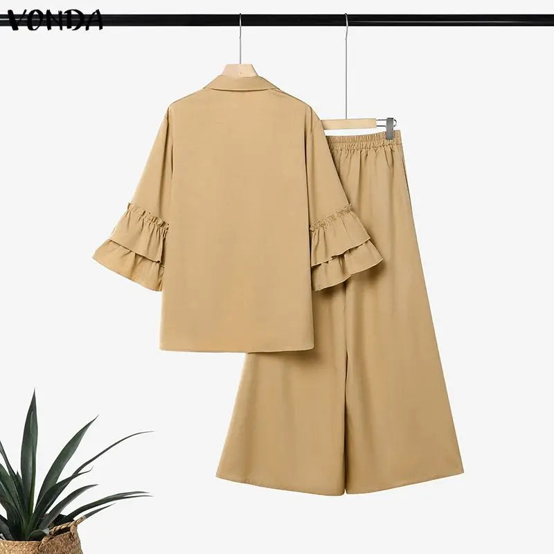 Plus Size Outfits Women Two Piece VONDA Ruffle Sleeve Asymmetrical Hem Tops Wide Leg Pants Sets Elegant V Neck 3/4 Sleeve Suits