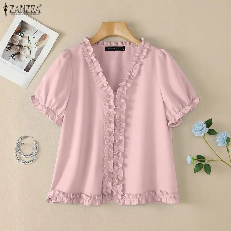 ZANZEA Elegant Ruffled Trim Blouses for Woman V-Neck Short Puff Sleeves Solid Color Tops Summer Casual Date Nights Blusas Mujer