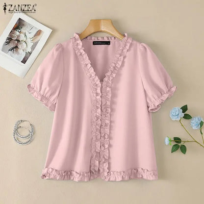 ZANZEA Elegant Ruffled Trim Blouses for Woman V-Neck Short Puff Sleeves Solid Color Tops Summer Casual Date Nights Blusas Mujer