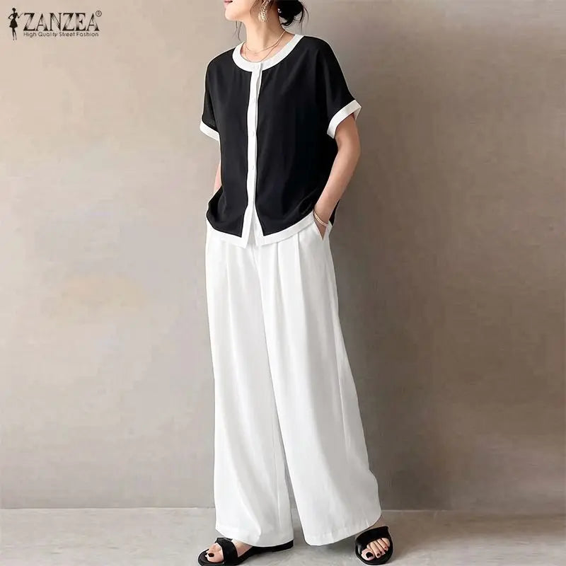 ZANZEA Color Blocked Loose 2 Pieces Matching Pant Sets Women Contrat-Trim Half Sleeve Tops & Wide Leg Pants Casual 2pcs Suits