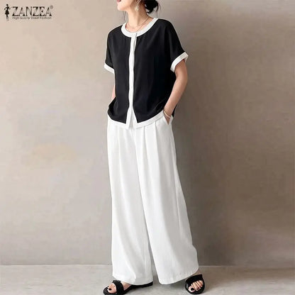 ZANZEA Color Blocked Loose 2 Pieces Matching Pant Sets Women Contrat-Trim Half Sleeve Tops & Wide Leg Pants Casual 2pcs Suits