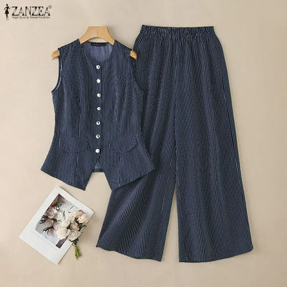 Fashion Summer Pant Sets 2026 ZANZEA Women Sleeveless Vest Tops Trousers Suit Striped Outfits Stylish OL Work Suit 2 Pieces Sets