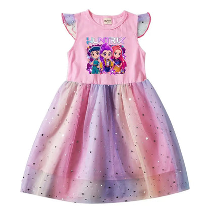 K-Pop Hunters Rumi Baby Girls Dress Children Cartoon Mesh Star Sequins Princess Dress Kids Flying Sleeve Skirt For Birthday Gift