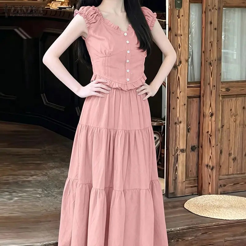 ZANZEA Women's Korean Fashion Skirt Suits Ruffles Trim Sleeveless Top & A-Line Maxi Skirt 2 Piece Sets Casual Elegant Outfits