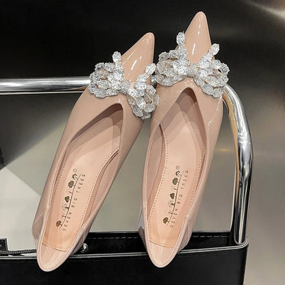 New Luxury Rhinestone Women's Flat Shoes Patent Leather Flat Heeled Women's Shoes Rhinestone Bowknot Pointed Tip Ladies Shoes