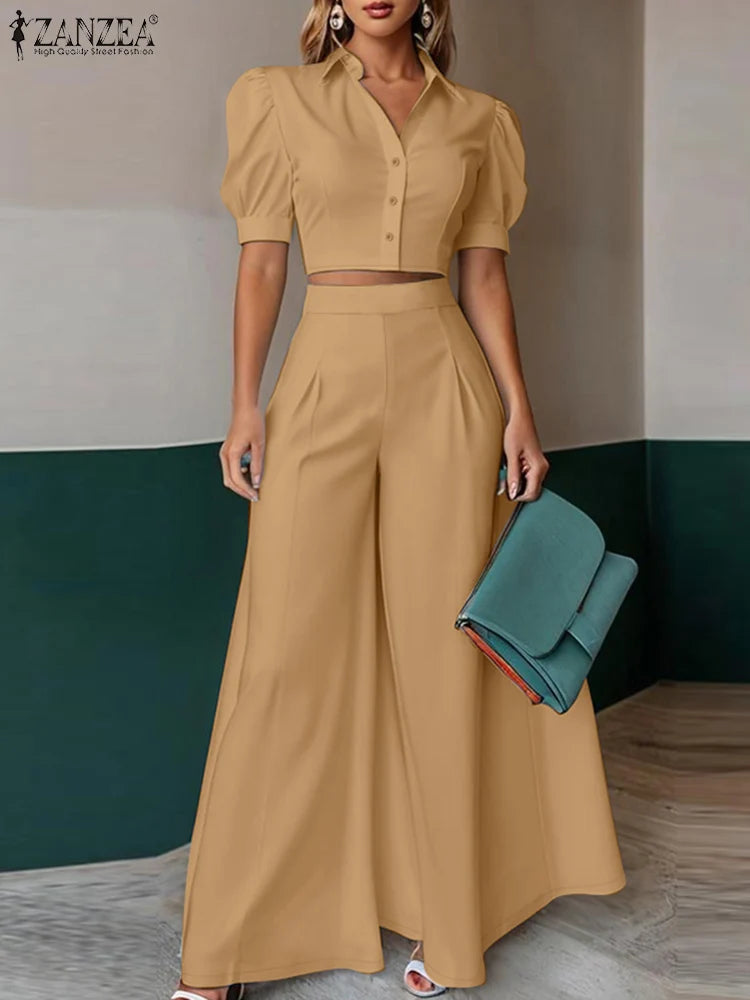 Summer Office Women Two Pieces Sets ZANZEA Elegant OL Work Pant Sets Short Sleeve Cropped Blouse Wide Leg Trousers 2PCS Outfits